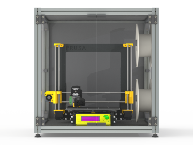 3D printer enclosure, 30-series aluminium extrusion profiles, M small size, persp front view, filament, 3D printer Prusa, Anycubic, Creality...